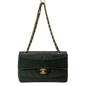 Auth CHANEL Matelasse - Dark Green Lambskin Shoulder Bag Gold hardware